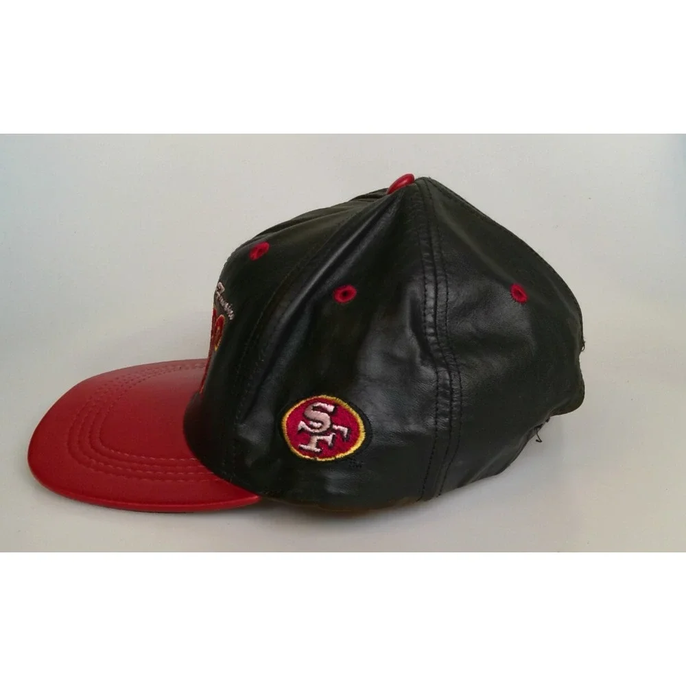 San Francisco 49ers Leather Snapback VTG 90s Hat Modern Cap USA NFL Black Red